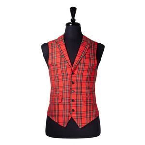Mens Vest 40R Red Tartan Plaid Cotton Waistcoat Formal Wedding Christmas Party